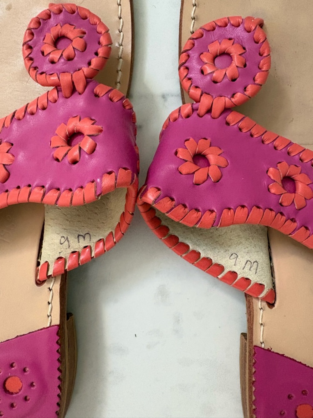 Jack Rogers Pink and Orange Leather Floral Slide Sandals - Picture 2 of 3